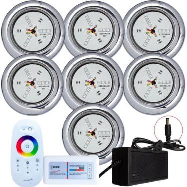Imagem de Kit 7 Refletores Led 9w RGB Inox e Comando para Iluminação Piscina - H