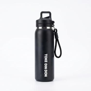 Imagem de TOKE DIN DON Garrafa Térmica Água/Café 600ml|Copo Térmico com Canudo Removível|Quick Flip|com Cordão e Mosquetão|Garrafa Termica Esportiva Inox 316|Squeeze para Academia|Presente Masculino|Preta