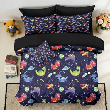 Imagem de Yadangxiawa Jogo de cama queen com dinossauro, 6 peças, tamanho Queen, com 1 colcha + 1 lençol de cima + 1 lençol com elástico + 2 fronhas + 1 capa de almofada (dinossauro-C Queen)