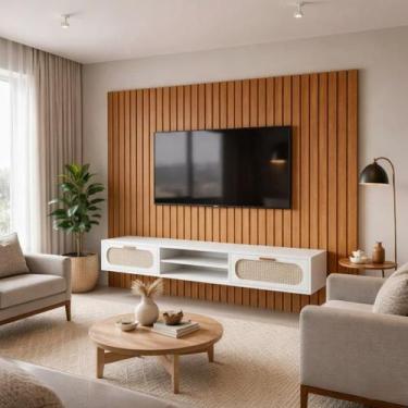 Imagem de Rack Com Painel Ripado Santorini Para Sala 1.80m Com 2 Gavetas Moderna