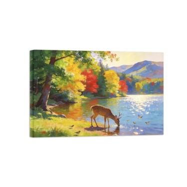 Imagem de BMZFYBS Impressão em tela de paisagem de arte de parede - outono floresta lago veado - quadros de pintura para sala de estar pronta para pendurar tela embrulhada 60x90cm24x35in