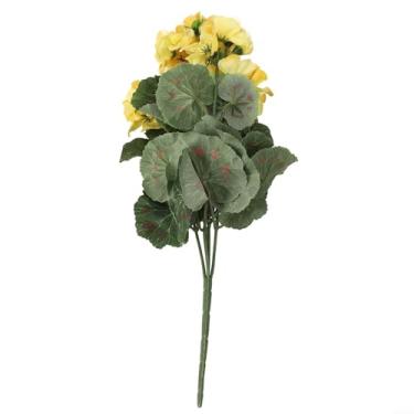 Imagem de Pano de seda e plástico gerânio ramo de flores artificiais rosa cinco ramos 36 cm buquê decorativo realista para casamento jardim casa loja cor vibrante arranjo de plantas artificiais (amarelo)