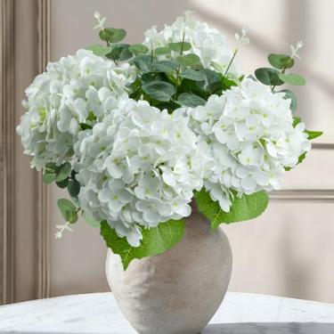 Imagem de YILIUFA 4 peças de flores artificiais de hortênsia e 2 hastes de eucalipto, 50 cm de látex de toque real, flores falsas realistas para mesa de casamento, decoração de festa e sala de estar (branca)