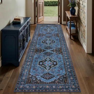 Imagem de Tangsoo Tapete de corredor lavável azul de 6 x 20 cm para corredores, tapetes orientais antiderrapantes vintage de 2,4 m, tapete longo macio de pilha baixa, tapetes estampados para cozinha, quarto