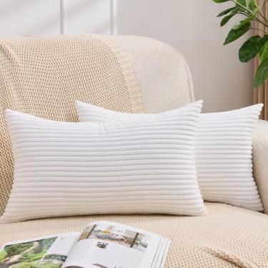 Imagem de Yosodeko Capas de almofada lombar brancas 40,6 x 61 cm, pacote com 2 capas de almofada de veludo cotelê macio, textura listrada, minimalista, moderna, decoração de casa para sofá, poltrona, sala de
