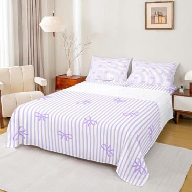 Imagem de Castle Fairy Jogo de lençol casal com laço, listras roxas, estilo princesa, para quarto de meninos e meninas, roxo, 2 lençóis macios, lençol com elástico, 4 peças