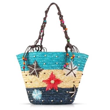 Imagem de QTKJ Bolsa de praia, sacola colorida para mulheres, tecido floral pentagrama e enfeite de contas de madeira, bolsa de palha, bolsa boêmia adequada para férias, viagens, correspondência diária (azul),