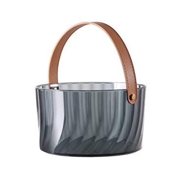 Imagem de Recipiente de gelo cinza acrílico balde de gelo com alça de couro marrom 3 litros modernos luxuosos grandes baldes de gelo portátil confortável alça de transporte - ótimo para bar em casa, cerveja