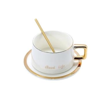 Imagem de Conjunto moderno de chávenas e pires de café com borda dourada de alta qualidade, conjunto de chá da tarde inglês, xícaras de chá de cerâmica, utensílios para bebidas (branco)