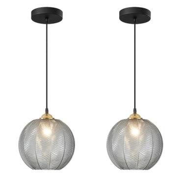 Imagem de Lustre pendente único em vidro fumê, preto, com globo grande, estilo vintage, com nervuras em vidro, ideal para teto. Conjunto com 2 unidades.