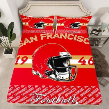 Imagem de Feelyou Jogo de lençol casal com 2 fronhas de futebol americano São Francisco, 40,6 cm, lençol com elástico alto, para meninos e meninas, esportes e adolescentes, microfibra macia e leve