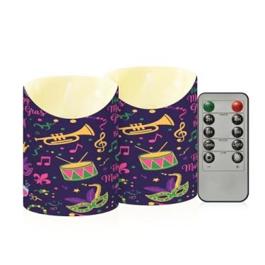 Imagem de Wassud Pacote com 2 velas sem chama Happy Mardi Gras Party com controle remoto, velas realistas cintilantes com temporizador, velas decorativas para Natal, casamento, festa, decoração de casa pequena