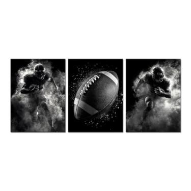 Imagem de VANSEEING 3 peças de arte de parede de futebol americano impressões em tela preto e branco atletas esportivos vintage decoração de parede emoldurada para meninos quarto casa academia sala de estar 30