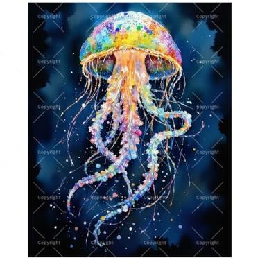 Imagem de Kit de pintura Ocean Life por números para adultos - DIY água-viva arco-íris com pintura de fundo de água escura em tela 40,6 x 50,8 cm, conjunto de tinta acrílica, adequado para iniciantes, arte para