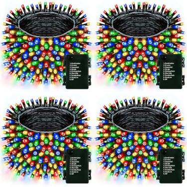Imagem de Pacote com 4 luzes de corda de Natal operadas por bateria de 400 LEDs para uso externo/interno, temporizador e 8 modos com fio verde, luzes de fadas à prova d'água para jardim de árvore de Natal