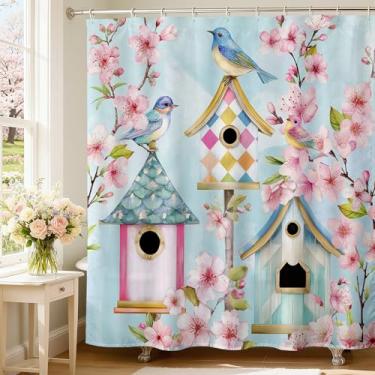 Imagem de Mocsicka Cortina de chuveiro de pássaros, cortinas de chuveiro de flores para banheiro, casa de pássaro, decoração de banheiro, estética, cortina impermeável para banheira, lavável (azul, 180 x 180 cm
