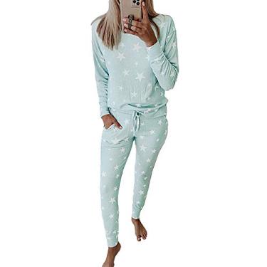 Imagem de HHHJQFAAT Conjunto de pijama feminino com calça manga comprida gola redonda pijama bonito desenho animado top + calça pijama feminino roupas de casa (grande)