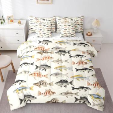 Imagem de Erosebridal Conjunto de edredom feminino com estampa de peixe lúcio, amarelo, azul, preto, tamanho queen, 7 peças, vintage para adultos, adolescentes, cama em uma bolsa, para pesca e caça, retrô