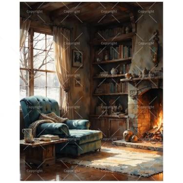 Imagem de Kit de pintura interior rústica por números para adultos - lareira e cadeira de leitura DIY em pintura de inverno em tela 20 x 30 cm, conjunto de tinta acrílica emoldurada, adequado para iniciantes