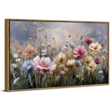 Imagem de Arte de parede emoldurada vintage flores silvestres coloridas imagens florais decoração de parede natureza abstrata flor paisagem pintura impressão em tela pôster casa de campo arte para decoração de