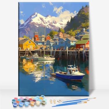 Imagem de HUINORYA Sitka Coastal Town Alaska Tela emoldurada DIY Kit de pintura por números bar café caverna sala de casa parede banheiro varanda pátio decoração presente, 40,6 x 30,5 cm