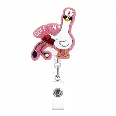 Imagem de Porta-crachá engraçado de ganso com clipe retrátil de jacaré fofo rosa para enfermeiros médicos, etiqueta de nome acrílica, acessórios para presentes
