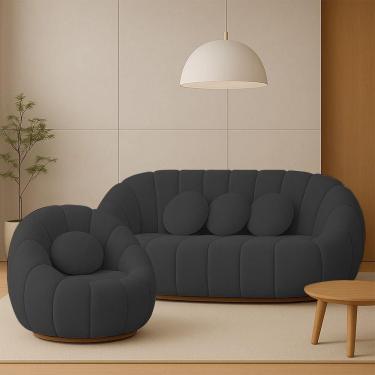 Imagem de Sofá 2 Lugares Com Poltrona Giratória Orgânica Cloud Bouclê Cinza Escuro E03 - D`rossi