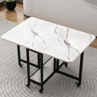 Imagem de Mesa de jantar dobrável, mesa de jantar com rodas, mesa de jantar versátil com prateleiras de armazenamento, mesa de cozinha extensível para economia de espaço, suporte de ferro forjado, capacidade de