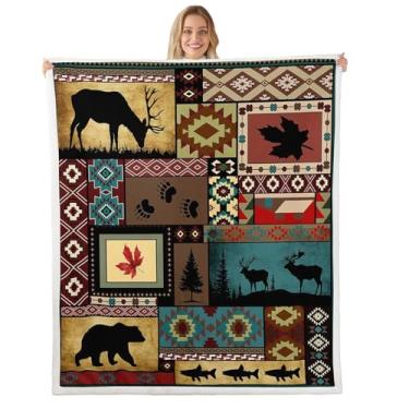 Imagem de Cobertor rústico de sherpa de ovelha para sofá de cabana urso alce veado super macio aconchegante lã sudoeste país fazenda animal cobertor para inverno, manta de pelúcia marrom patchwork xadrez 101,6