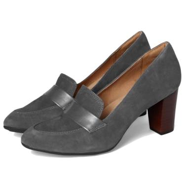 Imagem de SHODENSE Sapatos femininos com salto gatinho grosso, bico redondo, fechado, sem fecho, mocassim de camurça, fosco, salto médio, sapato loafer bico amêndoa, confortável, sapatos Oxford, escritório