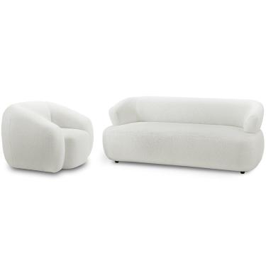 Imagem de Kit Sofá 3 Lugares Para Sala 198cm Com 01 Poltrona Orgânica Florea M05 Bouclê Creme - Lyam Decor