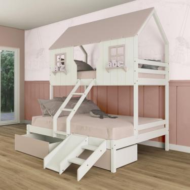 Imagem de Beliche Casal/ Solteiro Casinha Encantada Com 02 Gavetas Kit Escorregador Madeira Maciça Branco/ Rosa Megamobilia