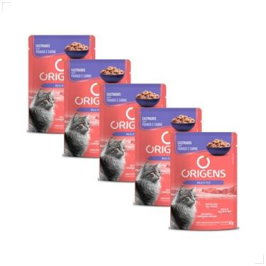 Imagem de Kit 5 Ração Sachê Origens Gatos Adulto Filhote Castrado 85g, Frango e 