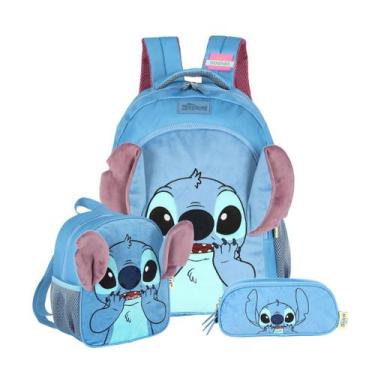 Imagem de Kit Mochila Stitch Costas Passeio Lancheira E Estojo Triplo, Azul
