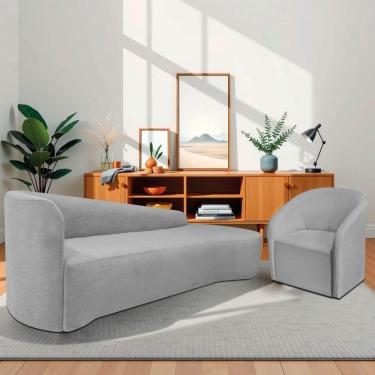 Imagem de Kit Sofá Curvo França 220cm Ld. E Poltrona Luiza Max Conforto, Elegância E Design Moderno Linho Cinza Claro