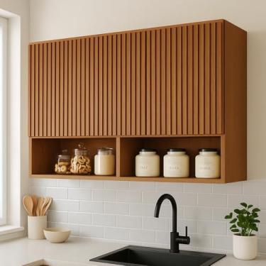 Imagem de Armario Suspenso Lavanderia e Cozinha com Portas em MDF e Corpo em MDP Armario Aereo para Quarto Nichos e Prateleiras (Freijo Ripado 3D)