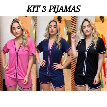 Imagem de Kit Pijamas Feminino 3 conjuntos Americano Aberto Com Botões atacado V