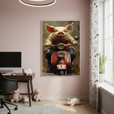 Imagem de Quadro Decorativo Porco De Moto 70x50cm Mold Branca