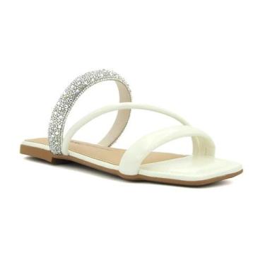 Imagem de Tamanco Feminino Dakota Rasteirinhha Slide Tiras Brilhos, 35, Creme