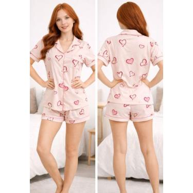 Imagem de Pijama Feminino Americano Verão Estampado Botões Short Doll Cor:RosaTa