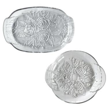 Imagem de Bandejas de Vidro Com Relevo e Alças 2 Peças Ø 25cm e 33x21cm - Saldão