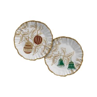 Imagem de Conjunto de Pratos de Sobremesa Holly Golden 2 Peças Cerâmica Natalino Dourado Maison Blanche
