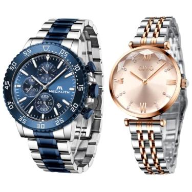 Imagem de Relógio Masculino Original de Pulso Prateado com Mostrador Azul e Pulseira Prateada e Azul e Relógio Feminino Original de Pulso Dourado e Prateado, todos em Aço Inoxidável, Analógicos, à Prova d'Água, muito Elegante para o Dia dos Namorados