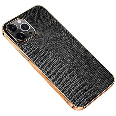 Imagem de HAODEE Capa de telefone de couro genuíno padrão de lagarto, capa fina com tudo incluso para Apple iPhone 12 Pro Max (2020) 6,7 polegadas, design de moldura dourada (cor: preto)