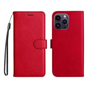 Imagem de YINGDAFENG Capa para iPhone 14/14 Pro/14 Plus/14 Pro Max, capa protetora magnética de couro PU com alça de pulso com compartimento para cartão e alça interna de TPU à prova de choque, vermelho, 14pro 6,1 polegadas