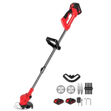 Imagem de Cortador de ervas daninhas sem fio elétrico poderoso cortador de grama vermelha telescópico leve para grama (inclui bateria de 2 x 24 V, carregador e 3 tipos de lâminas de reposição)