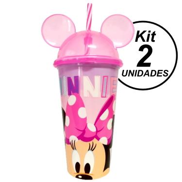 Imagem de Copo Infantil Meninas com Canudo Orelhas Minnie - Kit com 2