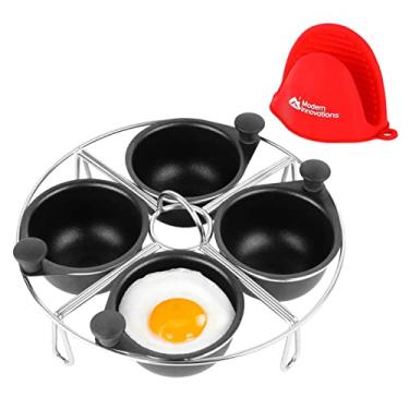 Imagem de Modern Innovations Bandeja de ovos poché de aço inoxidável para 4 xícaras - luva de silicone complementar - Inserção de ovo poché para ovos poché e ovos Benedict - Compatível com a maioria das panelas