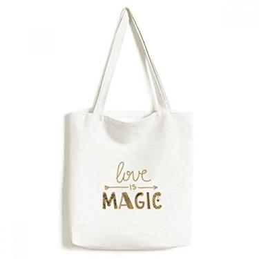 Imagem de Bolsa de lona estilo citação dourada Love Is Magic bolsa de compras casual bolsa de mão