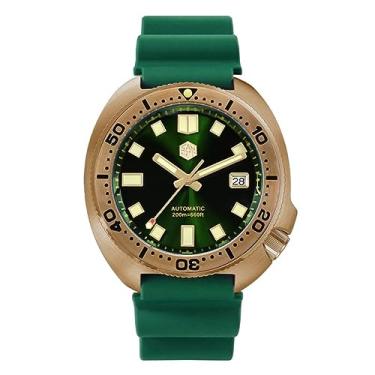 Imagem de San Martin Novo relógio de mergulho bronze atum 6105 200 m resistente à água pulseira de couro genuíno masculino relógios de pulso automáticos para homens masculinos (pulseira de borracha, verde), pulseira de borracha verde, Retrô